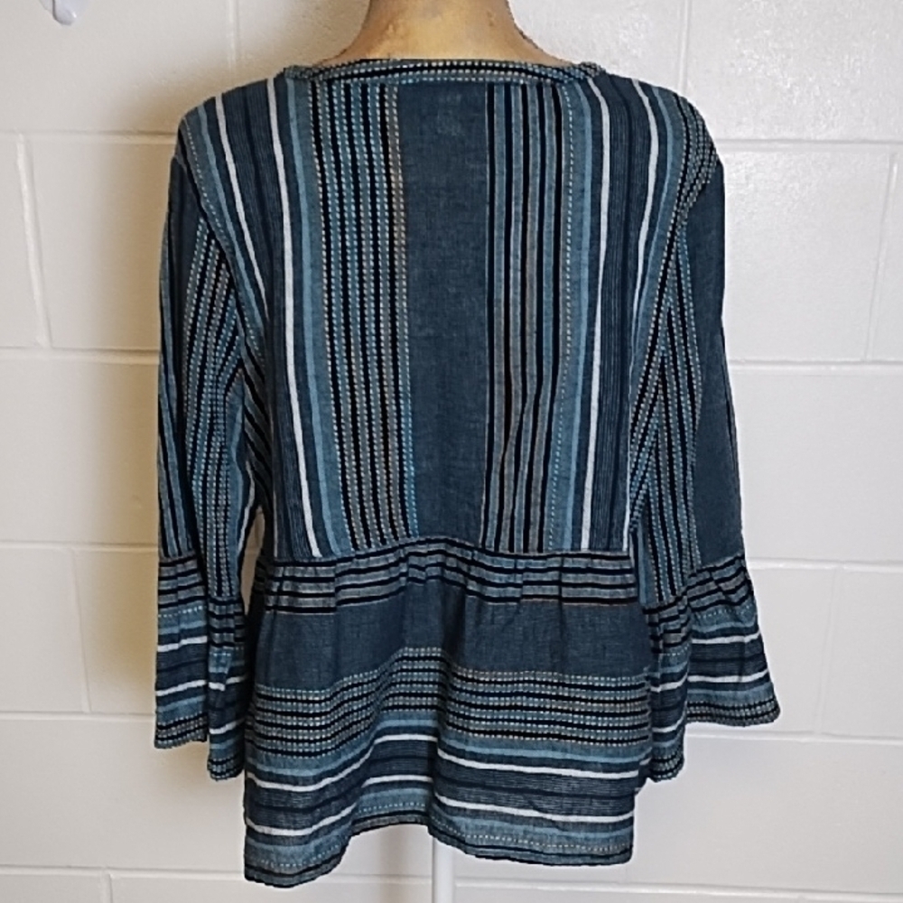 Cool Textured Cotton Loose Flowy Bohemian Shirt 3/4 Bell Sleeves Denims BFF - Picture 2 of 9